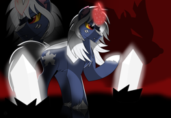 Size: 3200x2220 | Tagged: safe, kaiju, kaiju pony, pony, unicorn, fanfic:the bridge, artificial horn, augmented, colored sclera, crystal, fanfic art, high res, horn, magic, magic horn, male, multiple horns, ponified, red background, serious, shadow, simple background, solo, spacegodzilla, stallion, tricorn, xenilla, yellow sclera