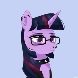 Size: 750x750 | Tagged: safe, artist:riouku, twilight sparkle, alicorn, pony, g4, blue background, choker, clothes, commission, ear piercing, earring, eyebrow piercing, eyeshadow, female, goth, jacket, jewelry, leather, leather jacket, makeup, mare, nose piercing, nose ring, piercing, simple background, solo, spiked choker, twilight sparkle (alicorn)