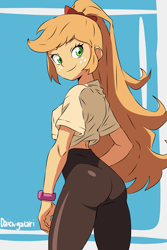 Size: 1333x2000 | Tagged: safe, artist:daichigatari, applejack, human, equestria girls, g4, applebutt, ass, butt, cute, eyebrows, female, jackabetes, looking at you, looking back, looking back at you, midriff, rear view, signature, smiling, smiling at you, solo