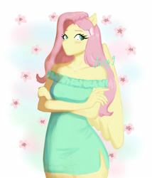 Size: 3000x3500 | Tagged: safe, artist:foxey9, fluttershy, pegasus, anthro, g4, blushing, clothes, crossed arms, cutie mark accessory, cutie mark hair accessory, dress, female, flower, hair accessory, high res, shoulderless, simple background, solo