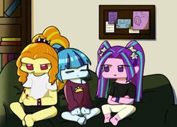 Size: 983x707 | Tagged: safe, artist:yue., adagio dazzle, aria blaze, sonata dusk, human, equestria girls, g4, chibi, couch, cute, the dazzlings