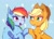 Size: 1216x864 | Tagged: safe, artist:maxi_ponie, applejack, rainbow dash, earth pony, pegasus, pony, g4, applejack's hat, blushing, chest fluff, cowboy hat, cute, dashabetes, duo, duo female, ear fluff, eye clipping through hair, eyebrows, eyebrows visible through hair, female, freckles, hat, heart, heart eyes, hoofbump, jackabetes, lesbian, light blue background, looking at each other, looking at someone, mare, open mouth, open smile, partially open wings, ship:appledash, shipping, simple background, smiling, smiling at each other, wingding eyes, wings