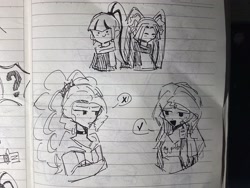 Size: 3264x2448 | Tagged: safe, adagio dazzle, aria blaze, sonata dusk, sunset shimmer, human, equestria girls, g4, female, high res, lesbian, lined paper, ship:arisona, ship:sunsagio, shipping, the dazzlings, traditional art