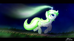 Size: 1920x1080 | Tagged: safe, artist:dshou, oc, oc only, oc:neon shimmers, pony, unicorn, glowing, glowing horn, grass, horn, looking up, magic, magic aura, night, profile, running, solo