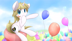 Size: 6000x3400 | Tagged: safe, artist:dshou, oc, oc only, oc:balloons, pony, unicorn, absurd resolution, balloon, balloon riding, horn, looking at you, sitting, solo, that pony sure does love balloons, unicorn oc