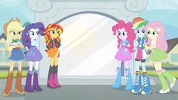 Size: 1920x1080 | Tagged: safe, screencap, applejack, fluttershy, pinkie pie, rainbow dash, rarity, sunset shimmer, human, equestria girls, g4, my little pony equestria girls: rainbow rocks, female, group, humane five, sextet, smiling