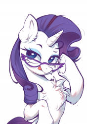 Size: 1535x2185 | Tagged: safe, artist:starbow, part of a set, rarity, pony, unicorn, g4, :p, belly, bipedal, chest fluff, cute, ear fluff, eyebrows, female, fluffy, glasses, horn, leg fluff, looking at you, mare, raribetes, simple background, solo, tongue out, underhoof, white background