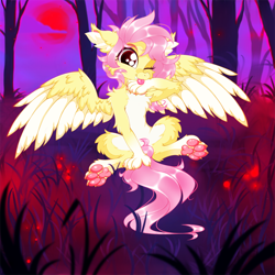 Size: 2500x2500 | Tagged: safe, artist:rurihal, fluttershy, hengstwolf, pegasus, pony, werewolf, wolf, wolf pony, g4, behaving like a dog, blood moon, chest fluff, claws, ear fluff, fangs, female, floppy ears, flutterdog, full moon, halloween, high res, holiday, licking, looking at you, moon, night, night sky, nightmare night, one eye closed, paw pads, paws, sitting, sky, solo, spread wings, tongue out, tree, underpaw, wings, wink, winking at you