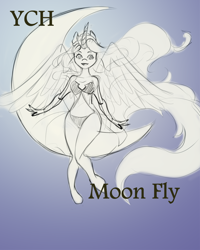 Size: 900x1125 | Tagged: safe, artist:kyriamask, oc, alicorn, anthro, anthro oc, commission, crescent moon, gradient background, horn, moon, sketch, smiling, spread wings, wings, your character here