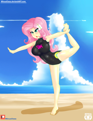 Size: 2300x3000 | Tagged: safe, artist:minusclass, edit, fluttershy, human, equestria girls, equestria girls specials, g4, my little pony equestria girls: better together, my little pony equestria girls: forgotten friendship, ankles, armpits, balancing, barefoot, beach, clothes, feet, female, flexible, fluttershy's beach shorts swimsuit, fluttershy's one-piece swimsuit, high res, ocean, one-piece swimsuit, sand, solo, swimsuit, swimsuit edit, water