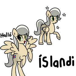 Size: 1200x1200 | Tagged: safe, artist:scandianon, oc, oc only, oc:iceland horse, pegasus, pony, g4, coat markings, facial markings, flag, green eyes, greeting, hooves, iceland, nation ponies, ponified, rearing, simple background, smiling, solo, spread wings, stars, white background, wings