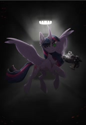 Size: 526x758 | Tagged: safe, artist:elektra-gertly, twilight sparkle, alicorn, cyborg, cyborg pony, pony, fanfic:iron hearts, g4, bolter, crossover, darkness, digital art, eye, eyes, feather, female, gun, mare, prosthetic eye, prosthetics, solo, spread wings, twilight sparkle (alicorn), warhammer (game), warhammer 40k, weapon, wings