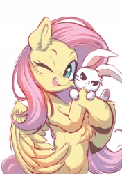 Size: 1535x2185 | Tagged: safe, artist:starbow, part of a set, angel bunny, fluttershy, pegasus, pony, rabbit, g4, animal, belly, bipedal, chest fluff, cute, duo, duo male and female, ear fluff, eyebrows, female, fluffy, leg fluff, looking at you, male, mare, one eye closed, open mouth, open smile, shyabetes, simple background, smiling, smiling at you, unshorn fetlocks, white background, wings, wink, winking at you