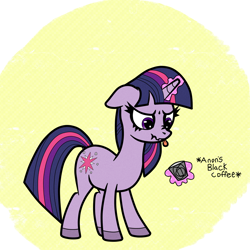Size: 1600x1600 | Tagged: safe, artist:scandianon, twilight sparkle, pony, unicorn, g4, coffee, cup, dock, floppy ears, hooves, magic, scrunchy face, solo, tail, telekinesis, tongue out, unicorn twilight