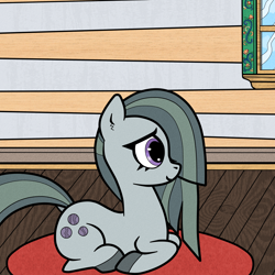 Size: 1800x1800 | Tagged: safe, artist:scandianon, marble pie, earth pony, pony, g4, female, indoors, lying down, mare, ponyloaf, prone, purple eyes, rosemaling, shy, solo