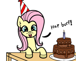 Size: 1250x1000 | Tagged: safe, artist:scandianon, fluttershy, pegasus, pony, g4, cake, candle, female, food, happy birthday, hat, hooves, mare, party hat, plate, simple background, solo, table, white background