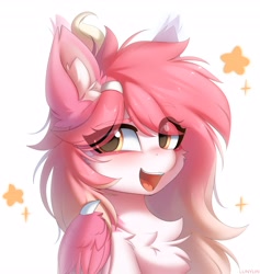 Size: 3883x4096 | Tagged: safe, artist:lunylin, oc, oc only, oc:latandra sweetberry, pegasus, pony, cheek fluff, chest fluff, colored eyebrows, colored wings, commission, cute, ear fluff, eye clipping through hair, eyebrows, eyebrows visible through hair, female, folded wings, high res, looking at you, mare, ocbetes, open mouth, open smile, pegasus oc, simple background, smiling, smiling at you, solo, sparkles, white background, wings