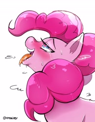 Size: 3186x4096 | Tagged: safe, artist:enseiner, pinkie pie, earth pony, pony, g4, ahegao, blushing, drool, female, heart, heart eyes, implied sex, open mouth, simple background, solo, sweat, teary eyes, tongue out, white background, wingding eyes