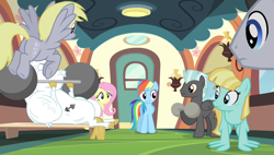 Size: 1266x720 | Tagged: safe, screencap, bulk biceps, derpy hooves, fluttershy, helia, lucky clover, rainbow dash, thunderlane, earth pony, pegasus, pony, equestria games (episode), g4, barbell, female, friendship express, locomotive, male, mare, stallion, steam locomotive, train, weights, wing-ups