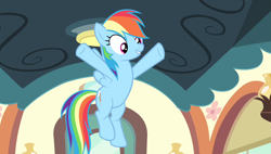 Size: 1266x720 | Tagged: safe, screencap, rainbow dash, pegasus, pony, equestria games, g4, flying, friendship express, locomotive, solo, steam locomotive, train