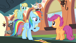 Size: 1266x720 | Tagged: safe, screencap, helia, parasol, rainbow dash, scootaloo, thunderlane, pegasus, pony, equestria games, g4, female, flying, friendship express, locomotive, male, mare, stallion, steam locomotive, train