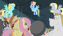 Size: 1266x720 | Tagged: safe, screencap, bulk biceps, derpy hooves, fluttershy, helia, lucky clover, parasol, rainbow dash, thunderlane, pegasus, pony, equestria games, g4, barbell, female, friendship express, locomotive, male, mare, stallion, steam locomotive, train, weights