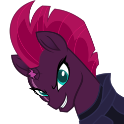Size: 500x500 | Tagged: safe, artist:the smiling pony, tempest shadow, pony, unicorn, g4, .svg available, armor, broken horn, bust, evil grin, eye scar, facial scar, female, grin, horn, looking at you, mare, scar, simple background, smiling, smiling at you, solo, svg, transparent background, vector