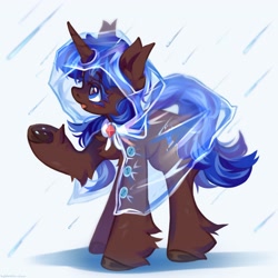 Size: 2048x2048 | Tagged: safe, artist:vanilla-chan, oc, oc only, pony, unicorn, eye clipping through hair, high res, horn, open mouth, rain, raincoat, raised hoof, simple background, solo, underhoof, unicorn oc, unshorn fetlocks, white background