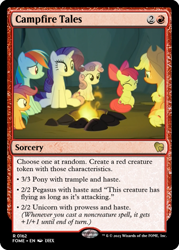 Size: 375x523 | Tagged: safe, edit, apple bloom, applejack, rainbow dash, rarity, scootaloo, sweetie belle, campfire tales, g4, campfire, ccg, cutie mark crusaders, magic the gathering, trading card, trading card edit, trading card game