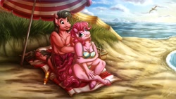 Size: 3840x2160 | Tagged: safe, artist:lupiarts, pinkie pie, oc, oc:ace play, bird, earth pony, seagull, anthro, unguligrade anthro, g4, basket, beach, bikini, breasts, canon x oc, chest fluff, chubby, clothes, couple, cupcake, duo, facial hair, female, food, frog (hoof), goatee, high res, kneeling, male, outdoors, picnic basket, picnic blanket, pinkieplay, shipping, sitting, smiling, straight, sunscreen, swimming trunks, swimsuit, umbrella, underhoof