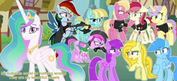 Size: 2732x1262 | Tagged: safe, artist:mlpcartel, helia, lily, lily valley, princess celestia, roseluck, oc, oc:dragonfly, oc:evil doubleganger rainbow dash, oc:evildoubleganger fluttershy, oc:evildoubleganger twilight, oc:evildoublegangers, alicorn, earth pony, pegasus, pony, elements of insanity, g4, blatant lies, clothes, crime, crown, dialogue, drill, ears back, ethereal hair, ethereal mane, ethereal tail, eyeshadow, floppy ears, folded wings, frown, grin, gun, hoof on chin, irony, jewelry, makeup, mexican, mexico, mouth hold, multiple cutie marks, not fluttershy, not rainbow dash, not twilight sparkle, peytral, ponyville, rainbine, raised hoof, regalia, shirt, smiling, spread wings, starry hair, starry mane, starry tail, tail, tattoo, trenchcoat, uniform, weapon, wings