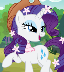 Size: 1080x1216 | Tagged: safe, artist:cstrawberrymilk, rarity, pony, unicorn, g4, female, flower, flower in hair, flower in tail, hat, horn, mare, open mouth, open smile, outdoors, raised hoof, smiling, solo, tail, tree