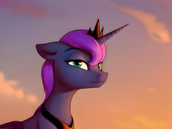 Size: 3200x2400 | Tagged: safe, ai assisted, ai content, artist:dovakkins, derpibooru exclusive, generator:pony diffusion v5, princess luna, alicorn, pony, g4, alternate hairstyle, beautiful, cloud, cloudy, eyebrows, female, high res, horn, jewelry, looking at you, mare, peytral, raised eyebrow, regalia, short hair, sky, smiling, smiling at you, solo, sunrise, wings