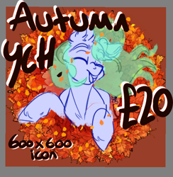 Size: 648x664 | Tagged: safe, artist:bananasplitedy, advertisement, commission, leaf, leaves, open mouth, passepartout, sketch, smiling, wind, ych sketch, your character here