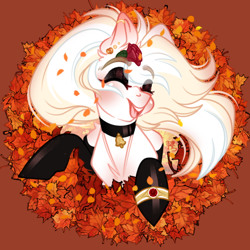 Size: 600x600 | Tagged: safe, artist:bananasplitedy, oc, oc only, pony, blushing, choker, clothes, commission, ear blush, eyes closed, flower, flower in hair, jewelry, leaf, leaves, makeup, open mouth, piercing, ring, rose, sketch, smiling, socks, solo, wind, wreath, ych result