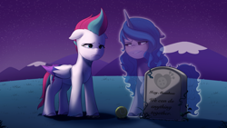 Size: 1920x1080 | Tagged: safe, artist:maren, izzy moonbow, zipp storm, ghost, pegasus, pony, undead, unicorn, g5, collaboration:sad my little pony g5, crying, dead, gravestone, mountain, night, sad, spirit