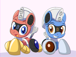 Size: 1440x1080 | Tagged: safe, artist:trackheadtherobopony, oc, oc only, oc:silverstream (robot pony), oc:trackhead, pony, robot, robot pony, cute, duo, looking at you, lying down, ocbetes, pointing at you