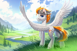 Size: 4000x2667 | Tagged: safe, artist:hakaina, oc, oc only, oc:sukko, pegasus, pony, chin fluff, commission, hill, looking at you, looking back, male, mountain, mountain range, raised hoof, river, scenery, solo, spread wings, stallion, valley, water, wings, ych result