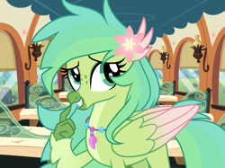 Size: 1447x1080 | Tagged: safe, artist:cstrawberrymilk, oc, oc only, oc:zinnia, classical hippogriff, hippogriff, g4, cute, eyeshadow, female, flower, flower in hair, freckles, friendship express, green, green eyes, green eyeshadow, green feathers, green hair, hippogriff oc, locomotive, makeup, seashell, seashell necklace, solo, steam locomotive, train