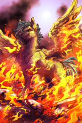 Size: 1588x2369 | Tagged: safe, artist:mrlamanstin, oc, oc only, oc:light touch, pegasus, pony, american airlines, blank flank, burning body, commission, destruction, evil smile, fire, flaming wings, grin, hellfire, macro, plane, red sky, revenge, smiling, solo, spread wings, underhoof, wings