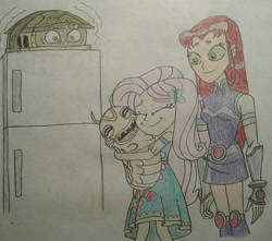 Size: 951x841 | Tagged: safe, artist:jebens1, fluttershy, human, turtle, equestria girls, g4, crossover, cute, dc comics, hug, refrigerator, silkie, starfire, teen titans, teenage mutant ninja turtles, traditional art