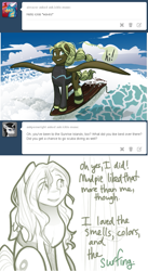 Size: 641x1170 | Tagged: safe, artist:arboraims, oc, oc:ickle muse, pegasus, pony, ask ickle muse, clothes, female, mare, pun, shirt, solo, surfboard, visual pun