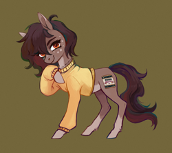 Size: 2200x1951 | Tagged: safe, artist:weird--fish, oc, oc only, earth pony, pony, art trade, clothes, coat markings, countershading, hoof fluff, lidded eyes, looking at you, simple background, smiling, smiling at you, socks (coat markings), solo, sweater