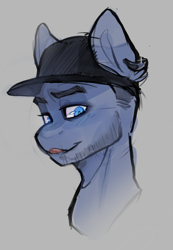 Size: 784x1135 | Tagged: safe, artist:itssilver, pony, bust, chris adam, facial hair, gray background, hat, looking at you, male, ponified, simple background, smash into pieces, tongue out