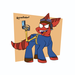 Size: 2000x2000 | Tagged: safe, artist:grandfinaleart, oc, oc only, original species, alternate universe, brown eyes, canines, clothes, digital art, facial hair, goatee, goggles, goggles on head, grin, high res, jumpsuit, laser gun, laser pistol, male, red fur, red tail, robotic arm, simple background, smiling, solo, striped tail, stripes, tail, weapon