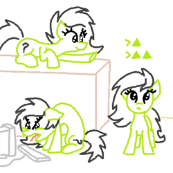 Size: 800x800 | Tagged: safe, artist:purblehoers, oc, oc:filly anon, earth pony, pony, computer, female, filly, foal, looking up, ms paint, raised hoof, screaming, simple background, sitting, standing, tongue out, triforce, white background
