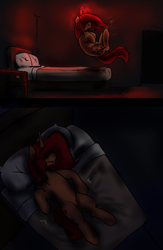 Size: 2650x4075 | Tagged: safe, artist:gothicgalaxies, artist:sile-animus, oc, oc:sile, pony, unicorn, comic:the ghost mare-nsion in the woods, bed, comic, dark, horn, jumping, magic, mansion, night, sleeping, spooky, unicorn oc