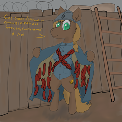 Size: 2500x2500 | Tagged: safe, artist:maxentheweasel, oc, oc:jument soldat, earth pony, pony, food, french, high res, meat, sausage, soldier, soldier pony, solo, this will not end well, world war i