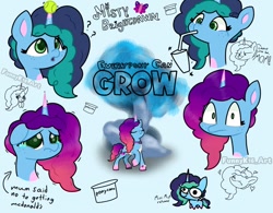 Size: 680x531 | Tagged: safe, artist:funnyk16, misty brightdawn, pony, unicorn, cutie blossom bash, g5, my little pony: make your mark, my little pony: make your mark chapter 5, spoiler:g5, spoiler:my little pony: make your mark chapter 5, spoiler:mymc05e01, ball, blue background, bracelet, cup, drink, drinking, female, friendship bracelet, it all takes time, jewelry, mare, rebirth misty, sad, simple background, song reference, tennis ball, text, tree