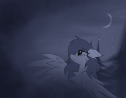 Size: 1847x1436 | Tagged: safe, artist:rieyadraws, oc, oc only, oc:jet blast, pegasus, pony, chest fluff, crescent moon, crying, monochrome, moon, night, night sky, pegasus oc, pine tree, side view, sky, spread wings, tree, wings